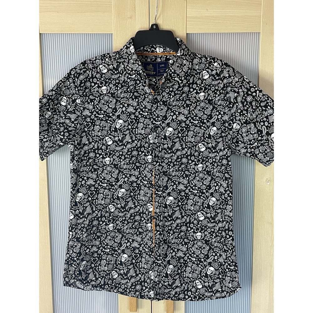 Rugby University Button Up Shirt Short Sleeve Men's Sz L Black Skulls Goth